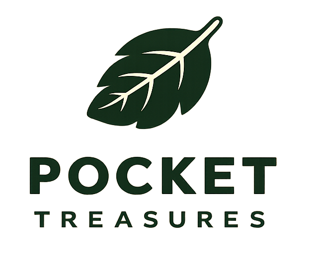 PocketTreasures primary logo, stacked leaf and wordmark in forest green