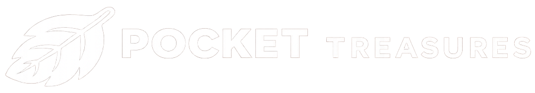 PocketTreasures horizontal logo in white, for dark backgrounds